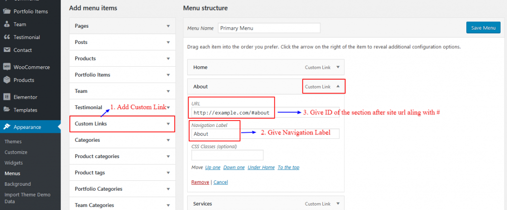 one page website menu links wordpress
